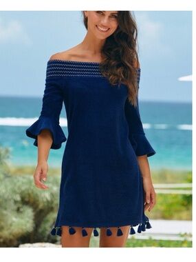 New Cabana Life Navy Off-Shoulder Terrycloth Tassel Dress size Medium
